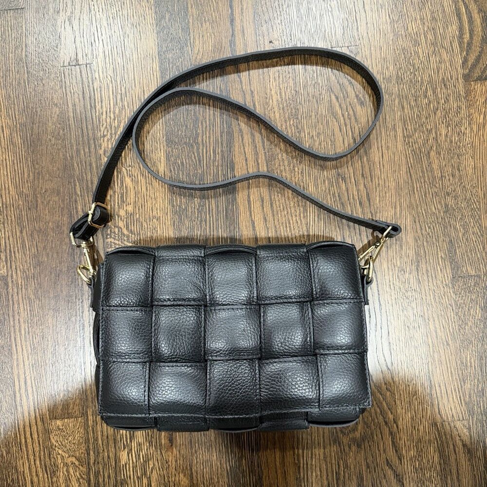 chiara ferretti black quilted crossbody bag gold hardware woven flap leather